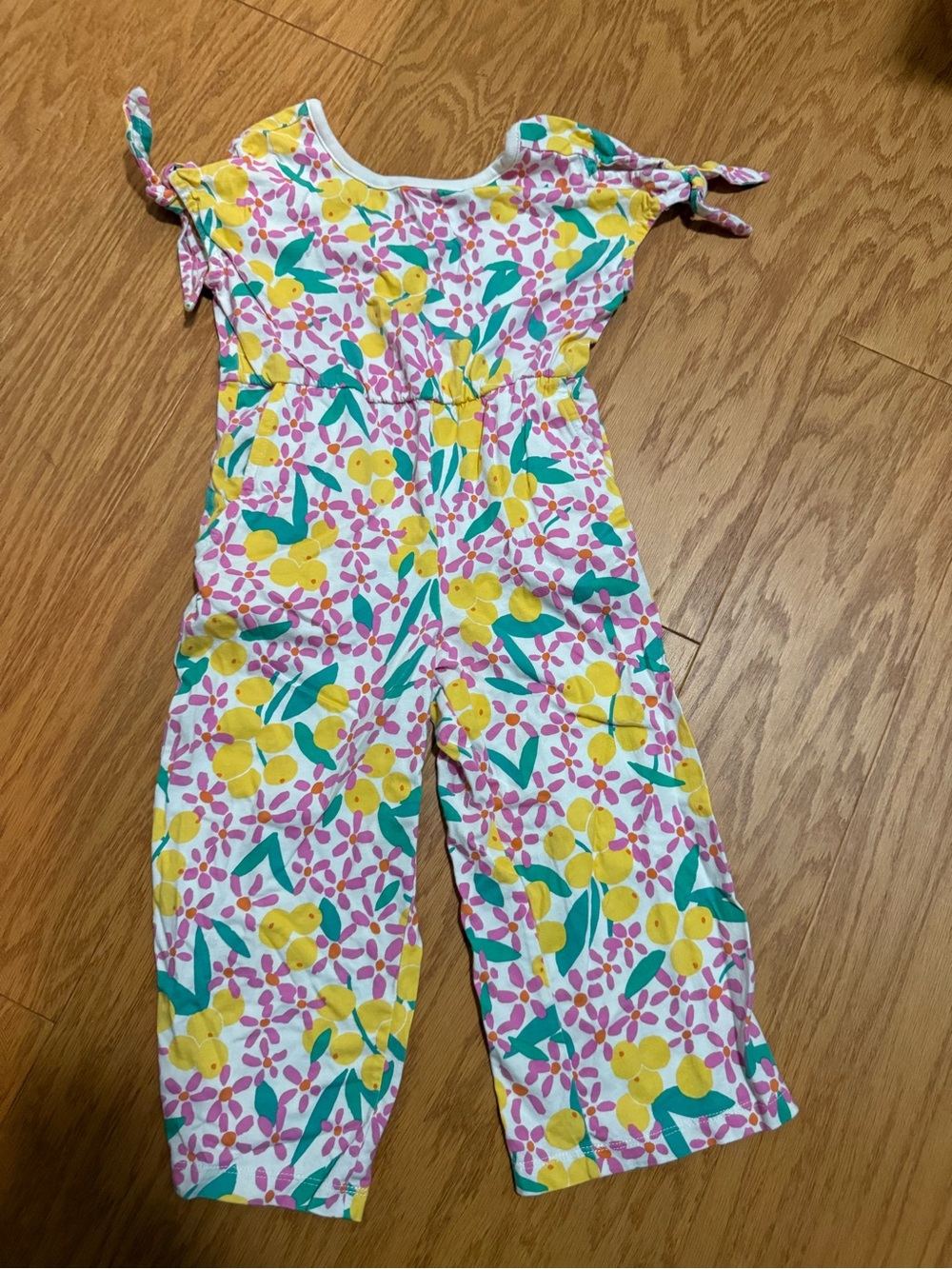 Tea Collection White Jumpsuit with Yellow, Pink & Green Floral Print - 3T